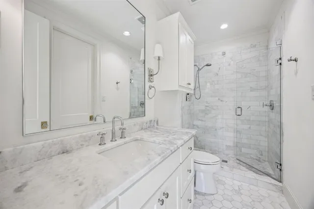 a bathroom with a granite countertop sink a toilet and shower