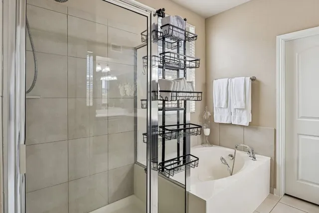 a bathroom with a bathtub and a shower