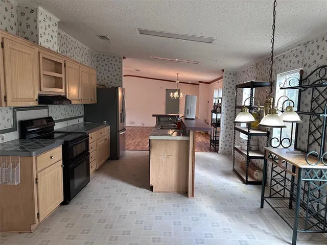 a kitchen with a stove and a refrigerator
