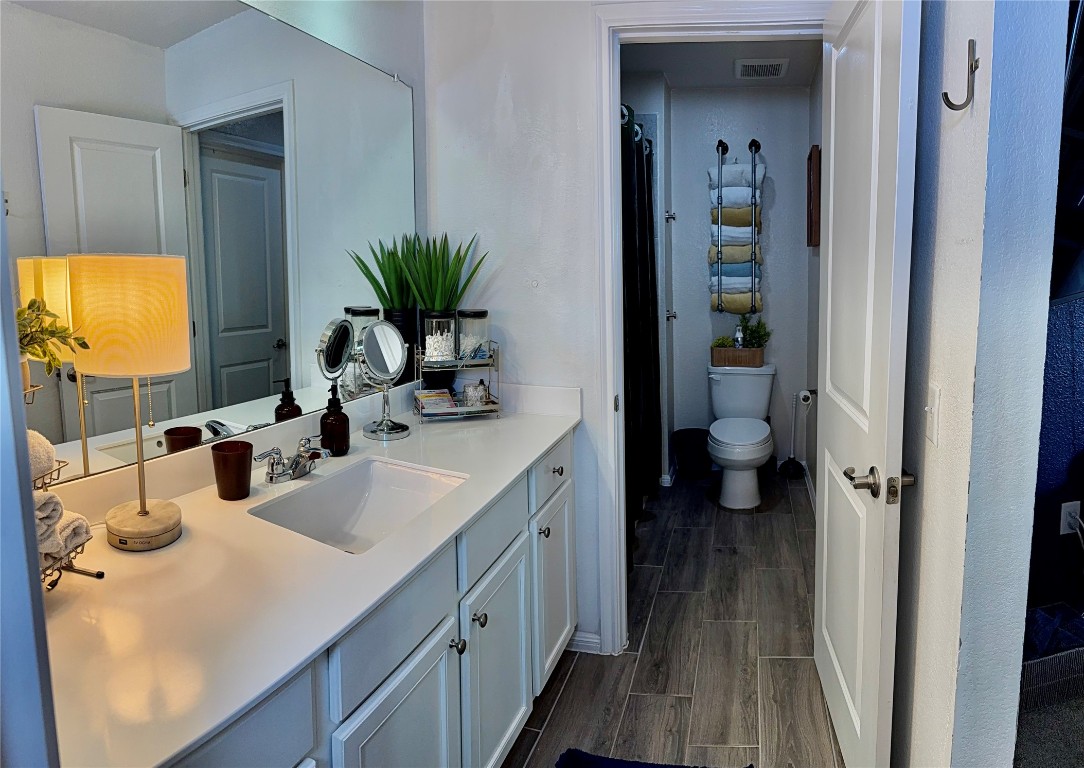16710 Sonoma Breeze Drive Manor, TX 78653 - Photo 13 of 16 a bathroom with a sink a toilet and vanity