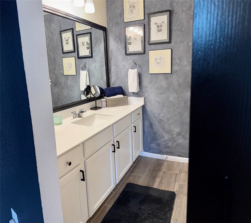 16710 Sonoma Breeze Drive Manor, TX 78653 - Photo 15 of 16 a bathroom with a sink a mirror and a vanity