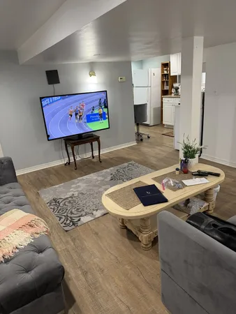 a living room with furniture and a rug