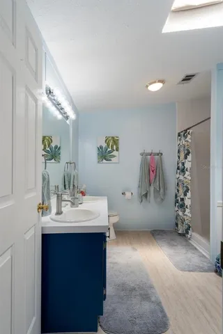 a bathroom with a sink a toilet and shower curtain
