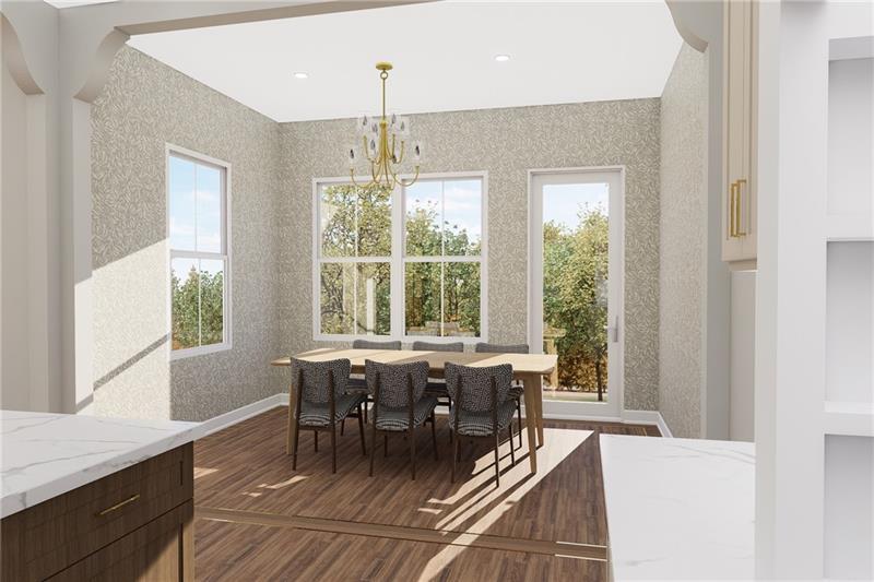 6206 Cedarcrest Road Acworth, GA 30101 - Photo 5 of 14 a dining room with furniture a chandelier and wooden floor