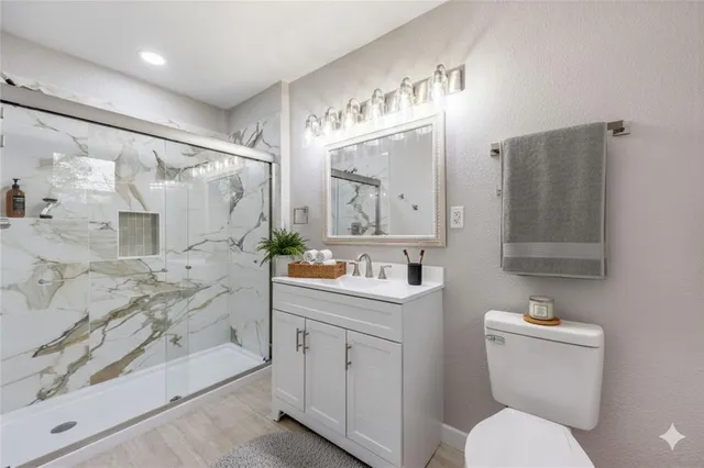 a bathroom with a sink a toilet and a large mirror