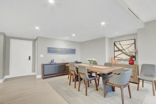 a view of a dining room with furniture