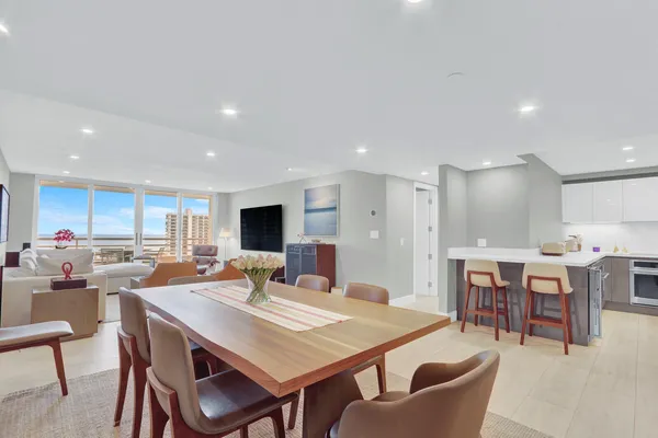 a view of a dining room with furniture