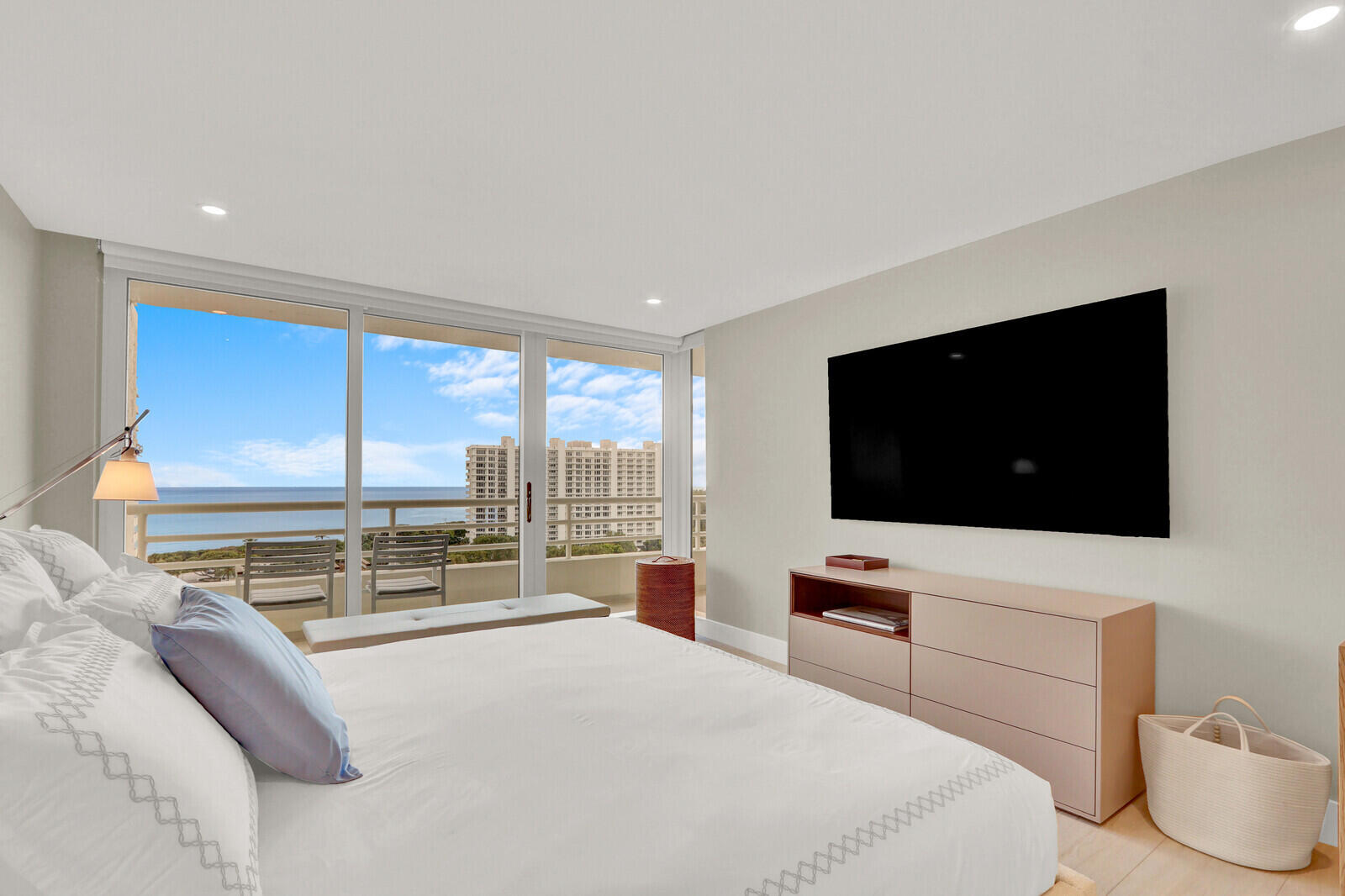 4201 North Ocean Boulevard, Unit C1202 Boca Raton, FL 33431 - Photo 26 of 47 a bedroom with a bed a television and a large window