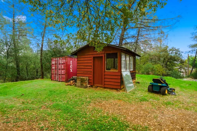 a view of a park with large trees