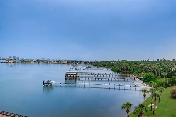 a view of a lake with a city