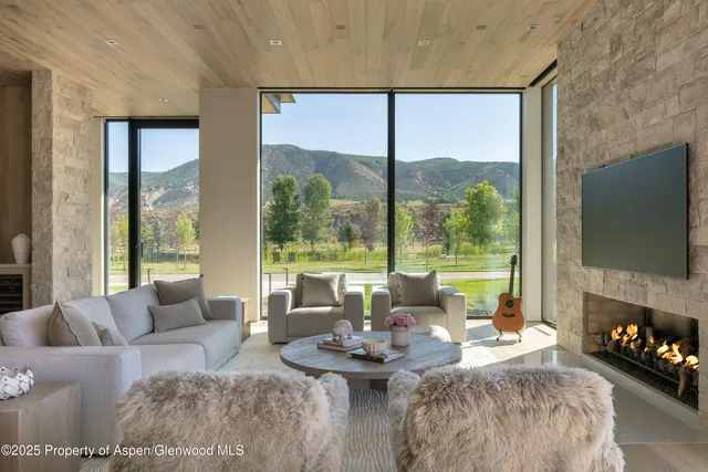 a living room with fireplace furniture and a flat screen tv