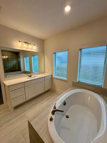 a bathroom with a tub sink and mirror