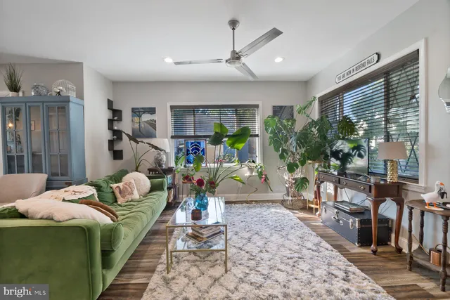 a living room with furniture and a potted plant