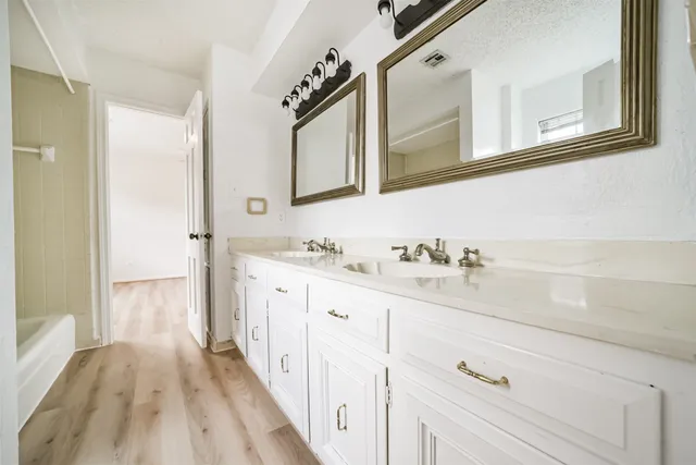 a bathroom with a sink a mirror and cabinets