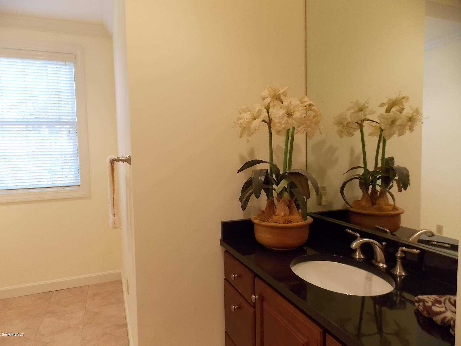 18 High Crest Road, Unit 18 Lenox, MA 01240 - Photo 28 of 34 a bathroom with a granite countertop sink and a mirror