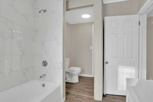 a bathroom with a bathtub and a toilet