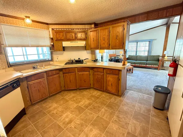 a kitchen with a sink and wooden cabinets