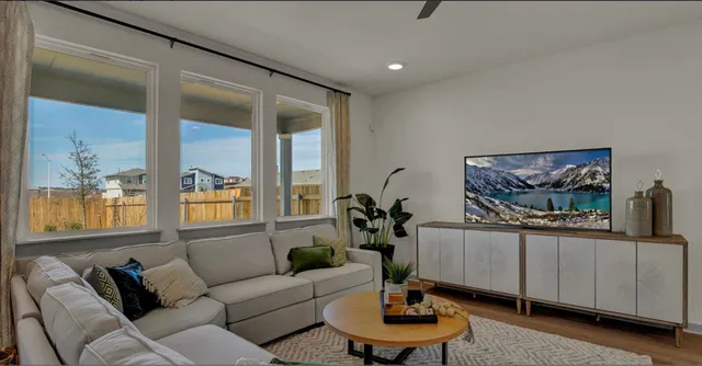 a living room with furniture and a potted plant