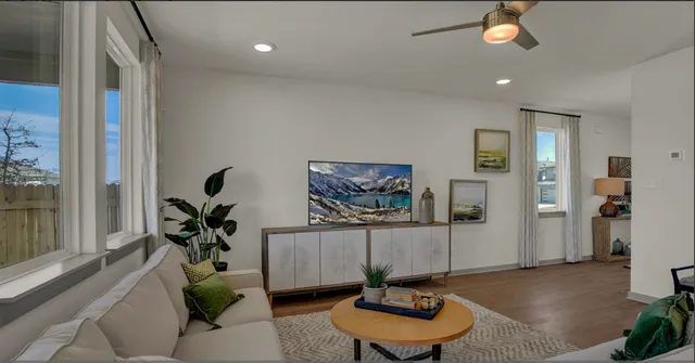 a living room with furniture and a potted plant