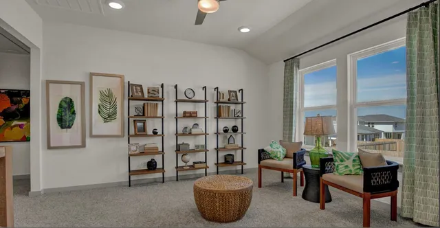 a living room with furniture and a potted plant