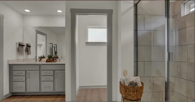 a room with a closet and mirror