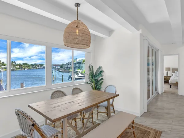 a view of a dining room with furniture window and outside view