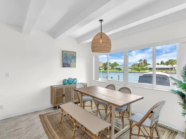 a view of a dining room with furniture window and outside view