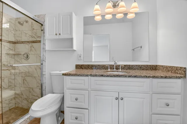 a bathroom with a granite countertop toilet sink and mirror