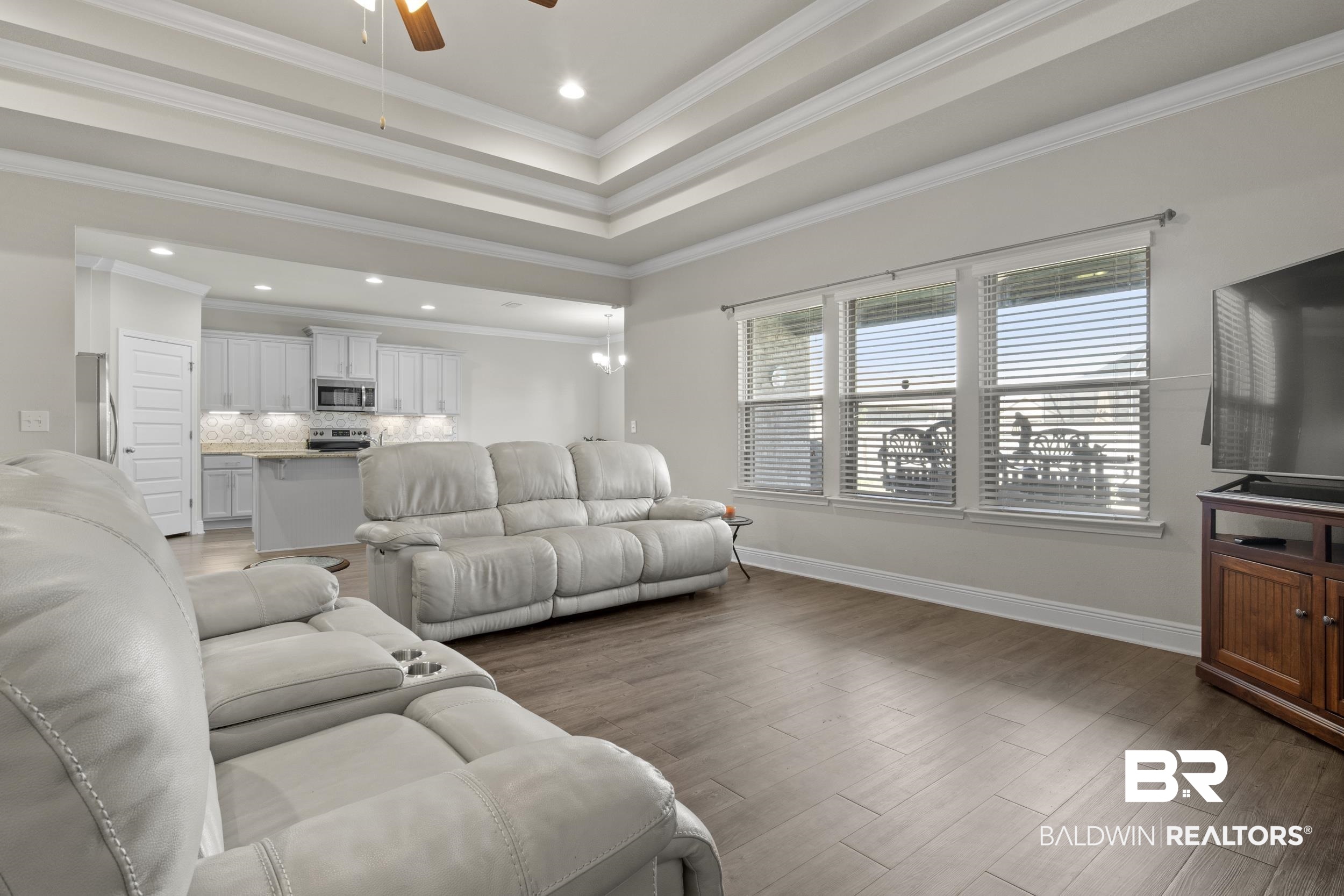 2050 Bourbon Street Foley, AL 36535 - Photo 9 of 32 Living room featuring a raised ceiling, hardwood / wood-style flooring, ceiling fan, and ornamental molding