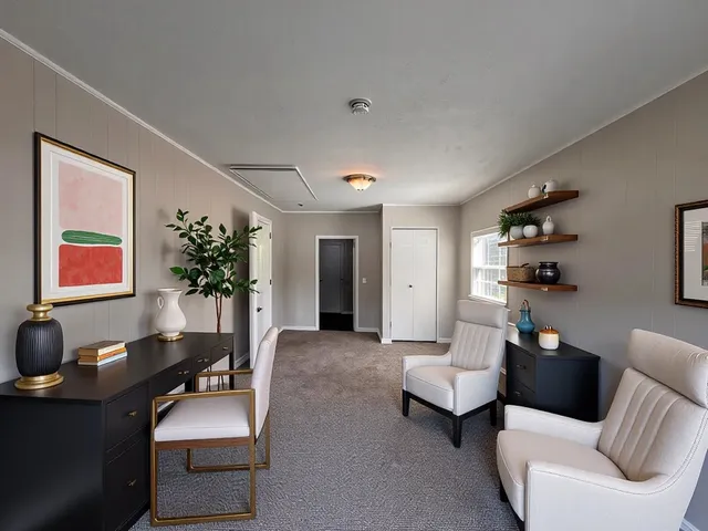 a living room with furniture and a potted plant