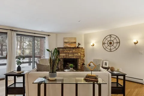 a living room with furniture a fireplace and a large window