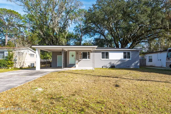 front view of a house with a patio