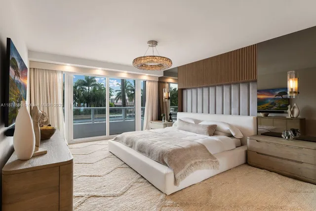 a bedroom with bed and a large window