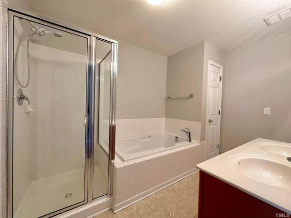 a bathroom with a bathtub shower sink vanity and a mirror