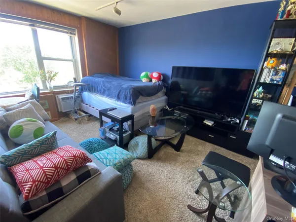 a living room with furniture a flat screen tv and a window