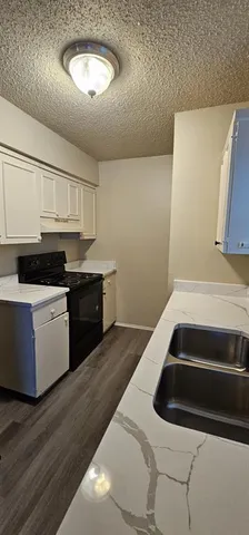a kitchen with a sink and a stove top oven