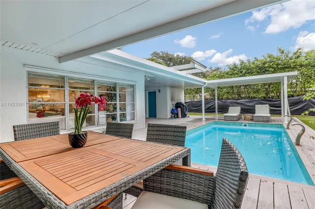 a view of a backyard with plants and trees