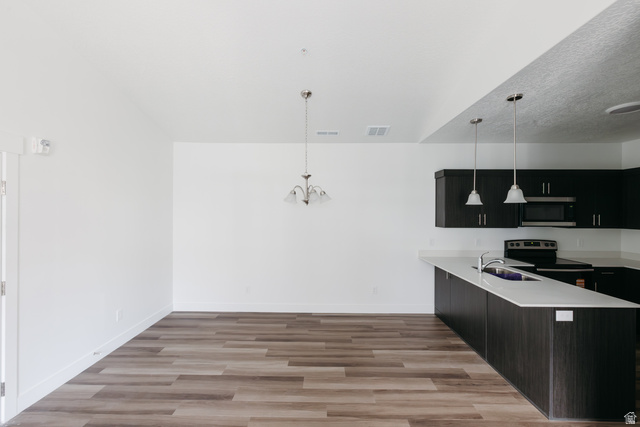 4653 South Alder Drive, Unit H303 Mapleton, UT 84664 - Photo 4 of 15 Kitchen with dark cabinets, electric stove, light wood-style flooring, a peninsula, and stainless steel microwave
