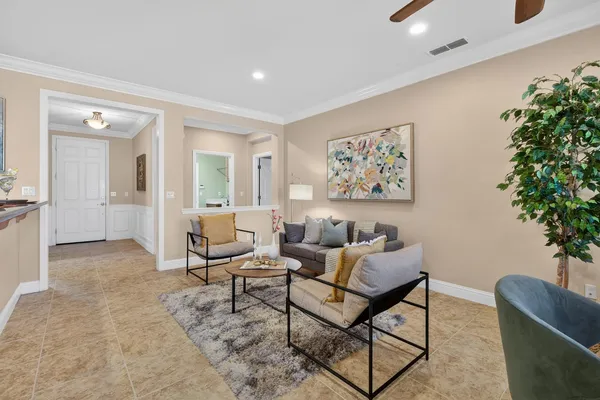 a living room with furniture and a potted plant