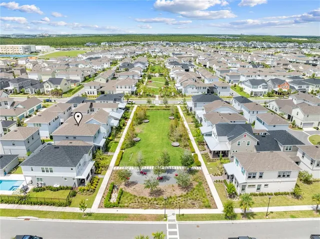 a view of a park with large trees and plants