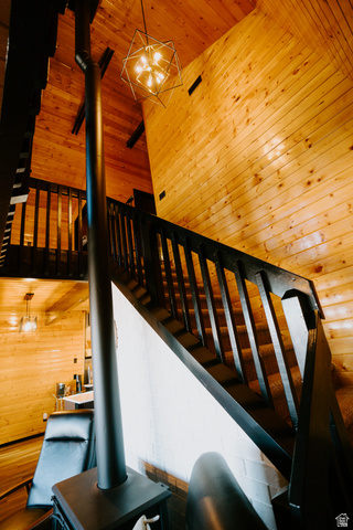 1413 Basel Drive Midway, UT 84049 - Photo 20 of 137 Stairs featuring wood walls, wood ceiling, a wood stove, and hanging lights