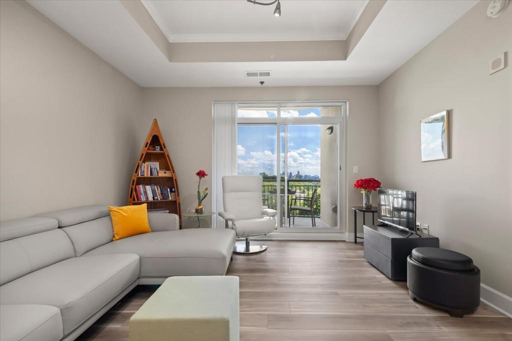 a living room with furniture rug and wooden floor