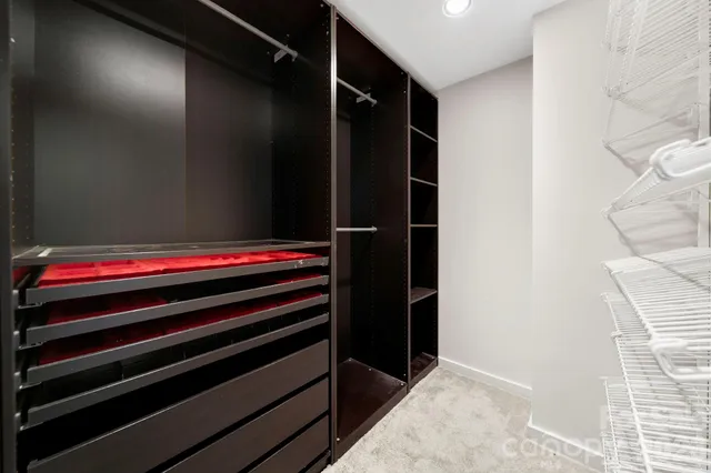 a room with walk in closet and wooden floor