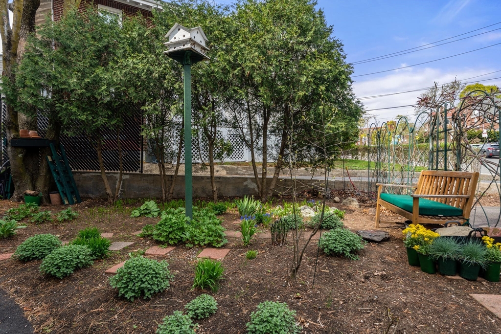 58 Corey Road Brookline, MA 02445 - Photo 5 of 8 a view of a garden with a bench