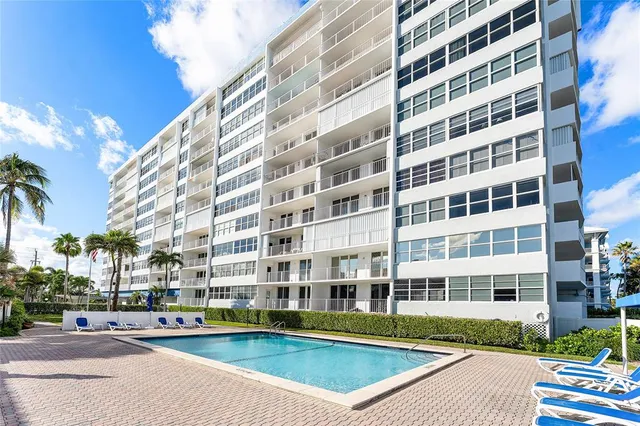 a building view with a swimming pool