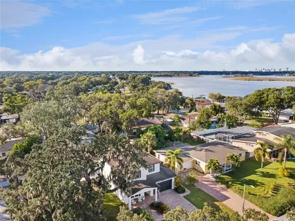 a view of a lake with a city