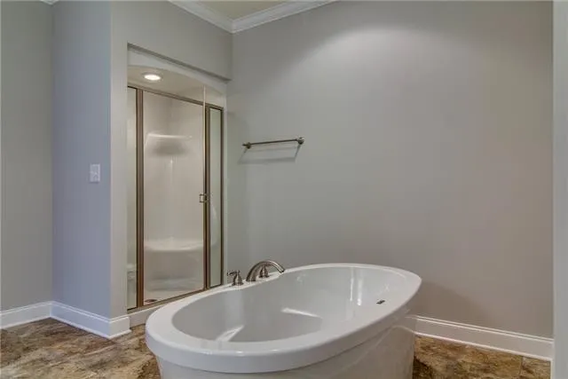 a bathroom with a bathtub and shower