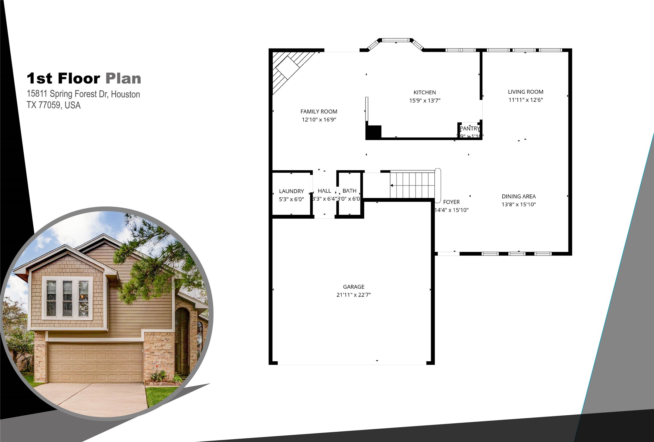 15811 Spring Forest Drive Houston, TX 77059 - Photo 26 of 27 This image features a first-floor plan of a home located at 15811 Spring Forest Dr, Houston, TX. The layout includes a spacious kitchen, living room, dining area, family room, laundry, half bath, and a large garage. The exterior image shows a two-story house with a brick and siding facade and a two-car garage.