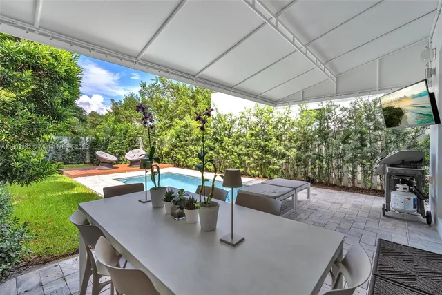 a view of a house with backyard sitting area and garden