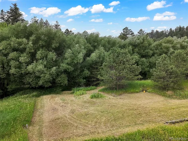 a view of a water pond with green yard
